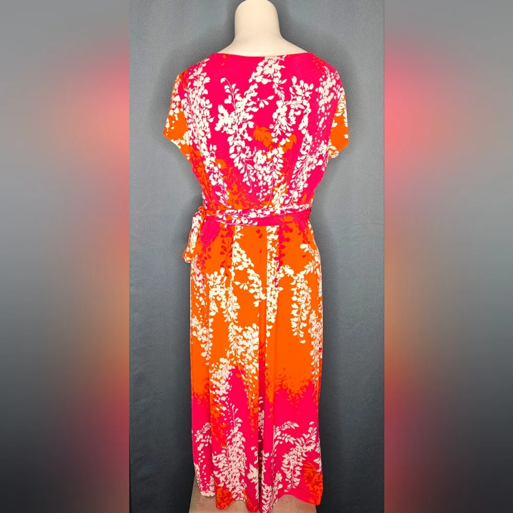​BCBGMAXAZRIA Floral Wisteria Faux Wrap Midi‎ Dress Orange Pink Size L Like New